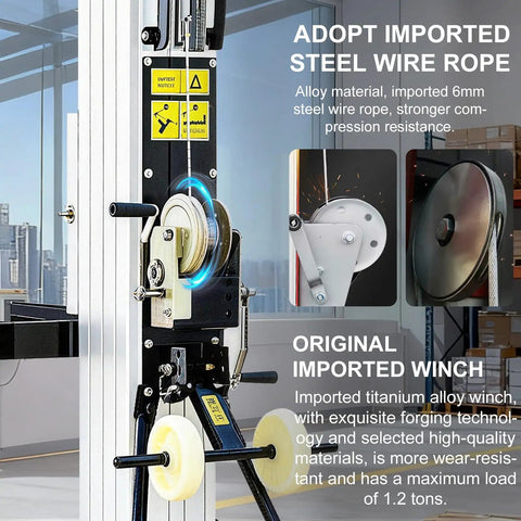 Heavy Duty Telescoping Aluminum Rigging Lift Tower With Manual Crank Winch Elevator showing imported alloy winch and steel wire rope.