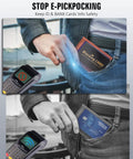 Person inserting RFID Blocking Card Shield For Wallets And Travel Passports No Nonsense Protection For Debit And Credit Cards From Skimming Slim Ultra Compact Wallet Protector 4 Pack Black into pocket