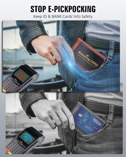 Person inserting RFID Blocking Card Shield For Wallets And Travel Passports No Nonsense Protection For Debit And Credit Cards From Skimming Slim Ultra Compact Wallet Protector 4 Pack Black into pocket