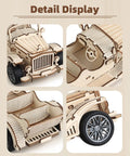 3D Wooden Puzzle Car Model Kit for Adults, Vintage Pull Back Car Build Set With 65 Parts, Easy 1 to 2 Hour Assembly, Classic Retro Auto Design for Hobbyists and Collectors close-up wooden vintage car wheels and cockpit