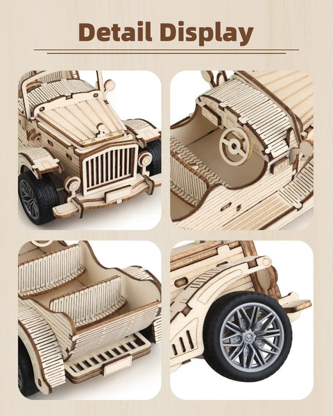 3D Wooden Puzzle Car Model Kit for Adults, Vintage Pull Back Car Build Set With 65 Parts, Easy 1 to 2 Hour Assembly, Classic Retro Auto Design for Hobbyists and Collectors close-up wooden vintage car wheels and cockpit