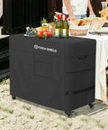 Heavy Duty Waterproof Rolling Cooler Cart Cover Fits 80 To 100 Qt Ice Chests Keeps Your Patio Party Cooler Dry And Party Ready 36 Inches Long 20 Inches Wide 32 Inches High 600D Polyester on patio next to table.