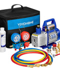 110V One Quarter HP 3.5 CFM Single Stage Rotary Vane Vacuum Pump Pro Grade With AC Manifold Gauge Set and Thermometer displayed