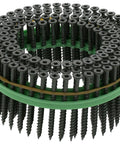 Bulletproof Speed Driver Auto Feed Screw Gun Coil Kit Delivering Rock Solid Performance With Green Epoxy Shield Eight By Two Point Five Inch Square Flathead Exterior Deck Screws and Ten Square Bits For Zero Hassle Dock Builds, close-up of teal epoxy coated screws.