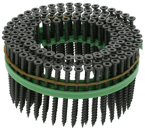 Bulletproof Speed Driver Auto Feed Screw Gun Coil Kit Delivering Rock Solid Performance With Green Epoxy Shield Eight By Two Point Five Inch Square Flathead Exterior Deck Screws and Ten Square Bits For Zero Hassle Dock Builds, close-up of teal epoxy coated screws.