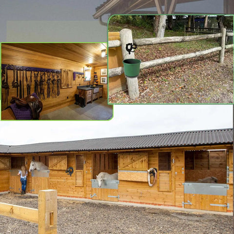 Heavy Duty Horse Bridle Rack With Bracket Hooks For Tack Room Organization in stable setting, wall mounted black finish