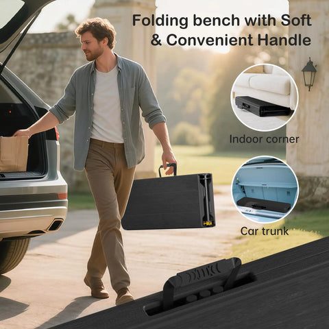 Man carrying 6 Foot Folding Bench Seat For Indoor Outdoor Use Portable Black 2 Pack Foldable Picnic Camping Garden Bench with handle