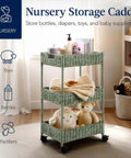 Three-Tier Water Hyacinth Rolling Caddy With Wheels For Laundry Room Bathroom Craft Room And More in nursery setting