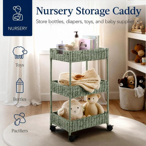 Three-Tier Water Hyacinth Rolling Caddy With Wheels For Laundry Room Bathroom Craft Room And More in nursery setting