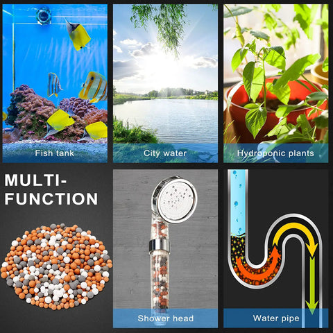 Six Pack Shower Filter Beads Set With Anion Mineral Balls multi-function for aquarium, shower head, plants, and water pipe use.