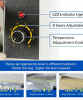 Control panel of Impulse Heat Sealer For Bags Heavy Duty Sealing And Cutting Machine with 8mm Seal Width, showing LED light, knobs, and instructions.