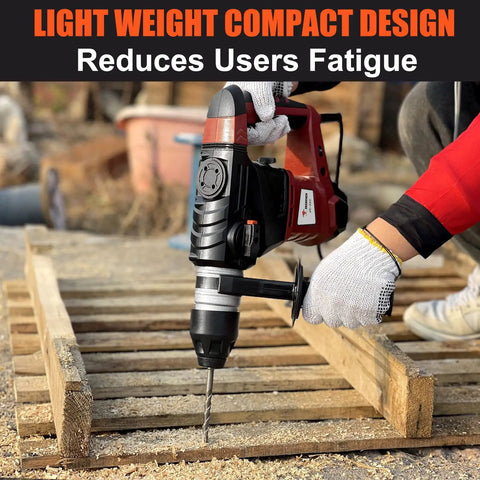 User operating Beast 14.6 Amp Hammer Drill With One And A Quarter Inch SDS Plus on wooden pallet outdoors.