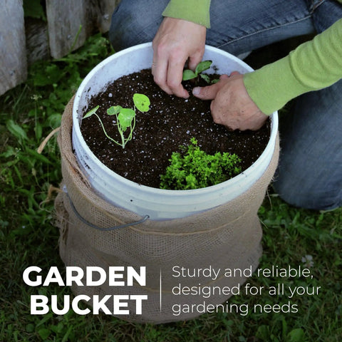 Person using Beefy 5 Gallon Food Grade Bucket With Lid Heavy Duty 90 Mil Pail Metal Handles With Plastic Grip Multi Use Storage BPA Free Stackable For Easy Stacking And Storing 6 Pack for gardening.