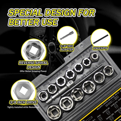 15 Piece Bolt Extractor Socket Set Built Like A Beast For Heavy Duty Nut Removal, Impact Rated Stripped Bolt Remover, kit visible