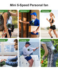 Collage showing Rechargeable Portable Waist Fan 10000mAh With Five Speed Personal Clip On Belt Neck Fan in various outdoor activities