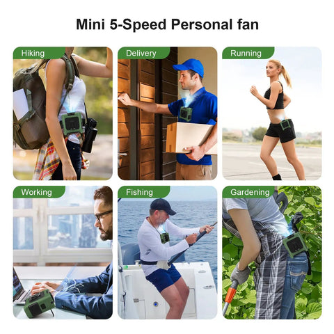 Collage showing Rechargeable Portable Waist Fan 10000mAh With Five Speed Personal Clip On Belt Neck Fan in various outdoor activities