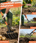 4-Tine Pitch Fork With Foot Step used for soil loosening, compost, and harvesting potatoes in garden setting, ergonomic Y-handle visible