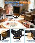 Elderly woman using 12X Square Magnifying Glass With Light And Clamp Handy Hands Free Stand Ultra Long 3 Section Arm LED Desk Lamp for embroidery on table
