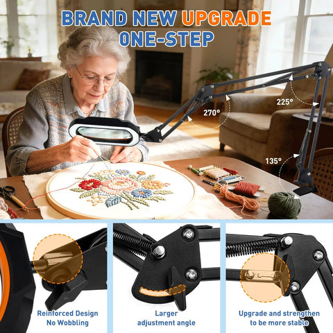 Elderly woman using 12X Square Magnifying Glass With Light And Clamp Handy Hands Free Stand Ultra Long 3 Section Arm LED Desk Lamp for embroidery on table