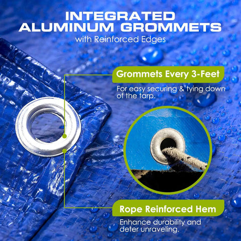Close-up of 20X25 Waterproof Multi Purpose Blue Tarpaulin Tarp with integrated aluminum grommets and rope reinforced hem for weatherproof protection