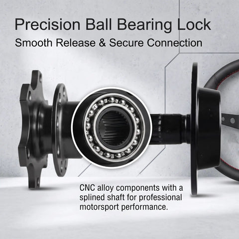Precision ball bearing steering wheel adapter, CNC alloy splined shaft, part of Slick Heavy Duty Quick Release Steering Wheel Adapter With Anti Theft Security Hub And Beefy Bolt On Heightening Boss Kit For Street Rods And Race Builds Black.