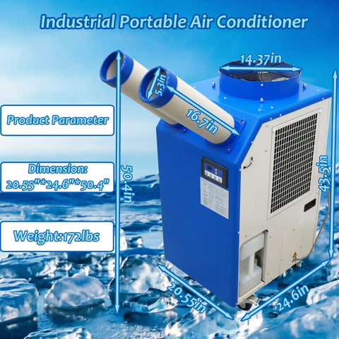 Heavy Duty Industrial Portable Air Conditioner 18700 BTU Knockout Spot Cooler with 780 Cubic Meter Hour Airflow dimensions and features.