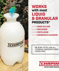 One Gallon Pump Sprayer With Translucent Tank And SureSpray Funnel Top Easy Fill Cap next to garden shrubs and instructional text.