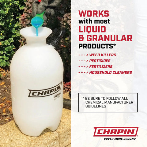 One Gallon Pump Sprayer With Translucent Tank And SureSpray Funnel Top Easy Fill Cap next to garden shrubs and instructional text.