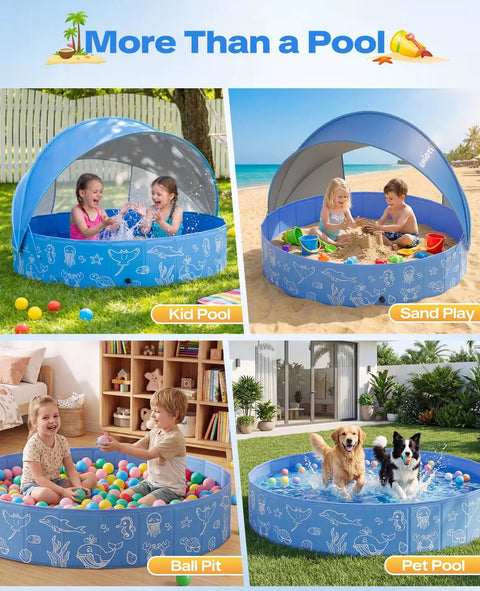 Collage of 63 Inch Kiddie Pool With Detachable UPF 50 Plus Canopy in backyard, beach, indoor play, and pet use settings.