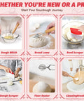 All In One Sourdough Starter Kit with round and oval banneton baskets, starter jar, silicone bread sling, lame, and dough whisk in use