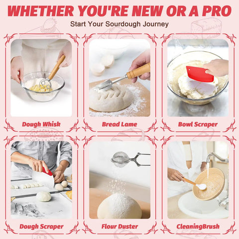 All In One Sourdough Starter Kit with round and oval banneton baskets, starter jar, silicone bread sling, lame, and dough whisk in use