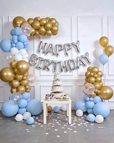 CORALMEE 6IN1 balloon arch stand kit with 10.8ft adjustable column and base; gold and blue balloon backdrop