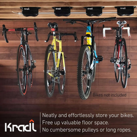 Three bicycles mounted on a ceiling with a Two Pack 40 Pound Ceiling Mount Bike Lift And Rack For No Fuss Bicycle Storage Without Electricity Ropes Or Pulleys With Internal Spring Hoist For Ceiling Hanging And Safe Convenient Bike Parking system.