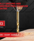 13 Piece Titanium Coated HSS Drill Bit Set With 1 Eighth Inch Twist Hex Shank Pro Grade Quick Change drilling into wood.