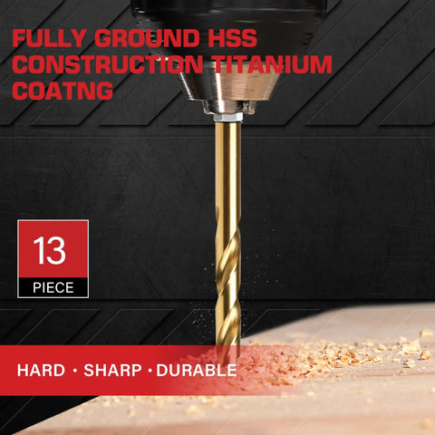 13 Piece Titanium Coated HSS Drill Bit Set With 1 Eighth Inch Twist Hex Shank Pro Grade Quick Change drilling into wood.
