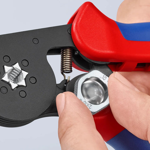Close-up of Self-Adjusting Crimping Pliers For End Sleeves And Ferrules, DIN 46228 Compliant, 10 mm2 Capacity, easy lateral loading handle