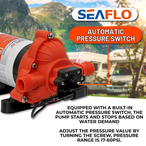 Side view of 115V AC Heavy-Duty Water Pressure Pump 3.3 GPM at 45 PSI With Self Priming And Smart Pressure Switch for RVs and marine use