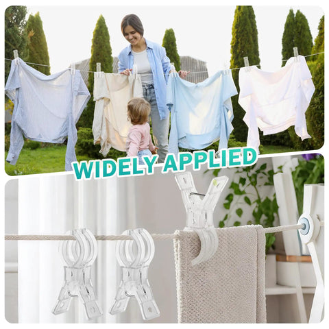 20 Pack Clear 3.5 Inch Spring Balloon Arch Clips Set for Party Backdrops shown being used to hang clothes and a towel securely.