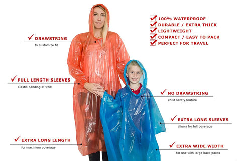 Extra Thick Family Rain Ponchos 8 Pack For Men Women Teens And Kids Disposable Emergency Rain Gear With Drawstrings Durable Waterproof Ponchos For Travel And Disney Trips Stay Dry On The Go, featuring woman and child in orange and blue ponchos.
