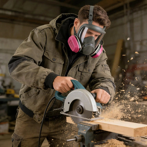 Worker using circular saw while wearing All Day Comfort Full Face Respirator Mask With Reusable Dual Filter System For Heavy Dust, Gas, And Vapor Protection
