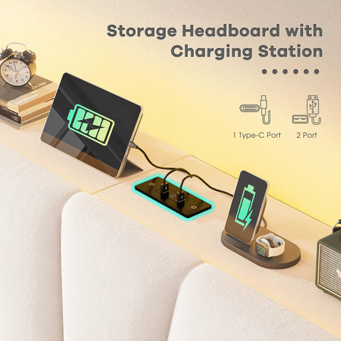 Queen Bed Frame With Smart Led Lights And Dual Usb Ports App Remote Music Sync And Custom Timer For A Lowkey Dreamy Bedroom Setup Solid Noise Free Platform In Cozy Beige showing headboard charging station.