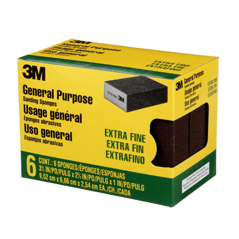 Box of Six Pack Extra Fine Grit Sanding Sponges for Wood, Paint, Metal, Plastic, and Drywall, conforming to surfaces.