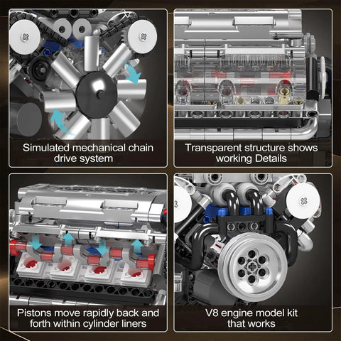Close-up of V8 Engine Model Kit With Electric Motor And Battery Box 535 Piece DIY STEM Mechanics Engineering Set details