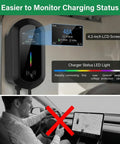 No Sweat Garage Upgrade Heavy Duty Level 2 Electric Charger Crushing Charge Times With Blazing 50 Amp 12Kw 240V Hardwired Power For Your Electric Vehicle Featuring Flexible Amp Control Gray, with LCD screen and LED light.