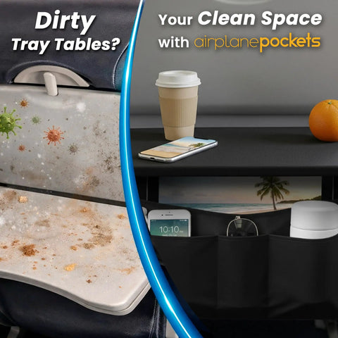 Air Travel Tray Cover And Seat Back Organizer For Flights showing clean organized space vs dirty tray table