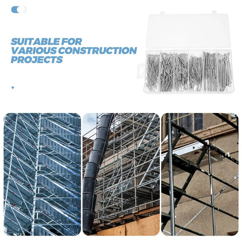 Stainless Steel Cotter Pins Set Assortment Kit With High Strength Hairpin Pins alongside construction scaffolding images.