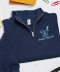 Image of Personalized Pharmacist Quarter Zip Sweatshirt With Embroidered Name And Credentials, Rx Pullover on desk with supplies.