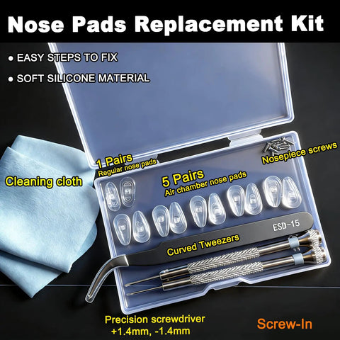 Five Pairs Silicone Eyeglass Nose Pads With Air Chamber All-Day Comfort, kit includes screwdrivers, tweezers, and cleaning cloth.