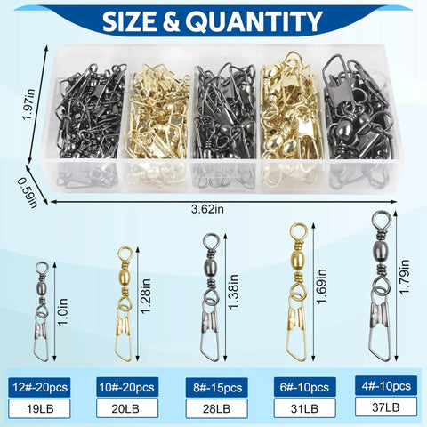 75 Piece Rolling Barrel Swivel Kit With Safety Snap For High Strength Fishing Line Connectors And Tackle, Saltwater Ready Stainless Steel Copper Build, 360 Degree Spin, Durable Gear For Freshwater And Saltwater Fishing; size chart with assorted swivels