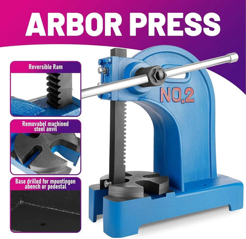 Badass Heavy Duty Cast Iron 2 Ton Manual Arbor Bench Press With Adjustable Lever For Zero Hassle Stamping Bending And Jewelry Crafts Built To Power Through Any Daily Shop Task Smoothly, showing reversible ram and steel anvil.